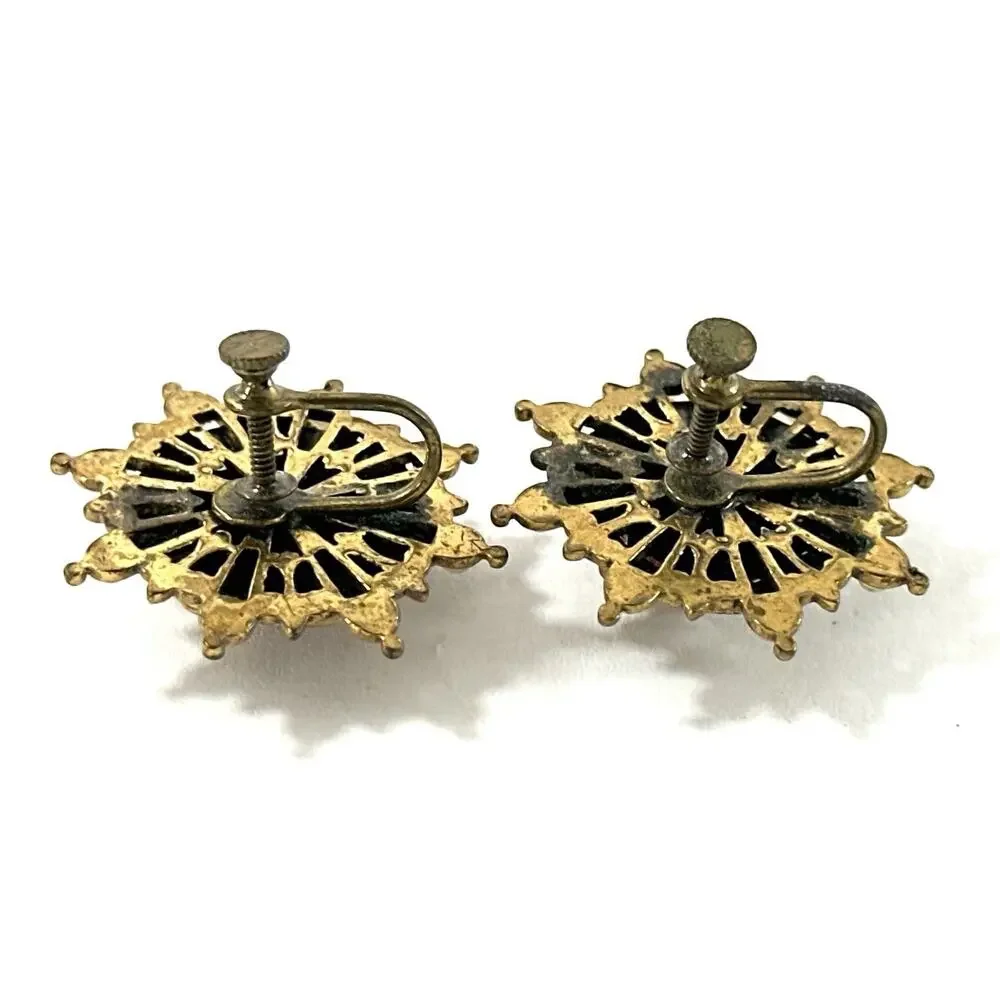 Cameo Faux Pearl Screw Back Earrings Gold Tone Filigree Victorian Revival - Picture 4 of 5